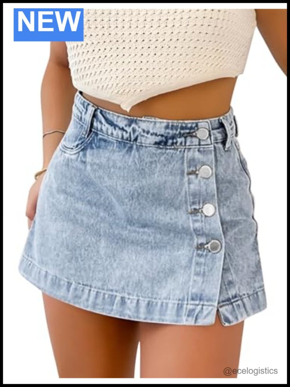Women's High Rise Denim Skort with Shorts, Stretchy A-Line Slit Skirt, Cotton